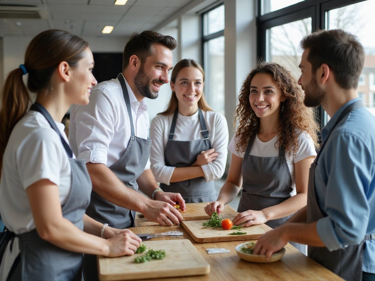 A diverse group of smiling office workers participating in a healthy cooking workshop in a modern office pantry, symbolizing corporate wellness and healthy habits at work.